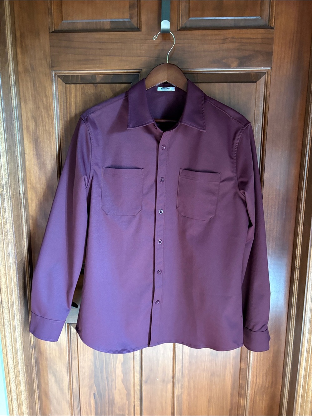 Men's Coofandy Rugged Flex Shirt Long-Sleeve Woven Button-Up, Burgundy Size MED